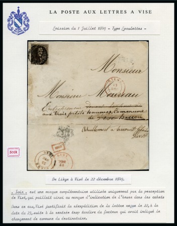 Stamp of Belgium » Belgique. 1849 Epaulettes - Émission 1849 Epaulettes 10c brun annulé P73 sur lettre de LIEGE/22/DEC/1849