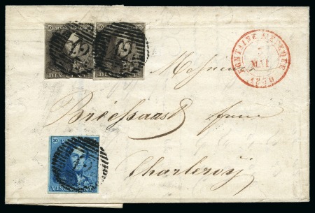 Stamp of Belgium » Belgique. 1849 Epaulettes - Émission 1849 Epaulettes 10c brun(2, pli) et 20c bleu, annulés P42 sur lettre de FONTAINE L'EVEQUE/3/MAI/1850 pour Charleroy