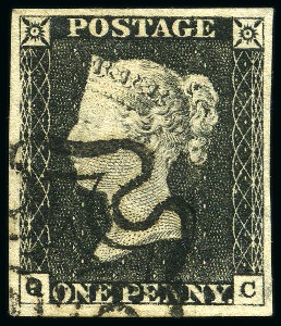 Stamp of Great Britain » 1840 1d Black and 1d Red plates 1a to 11 Plate 3 QC, good to large even margins, showing superb black MC, thinned