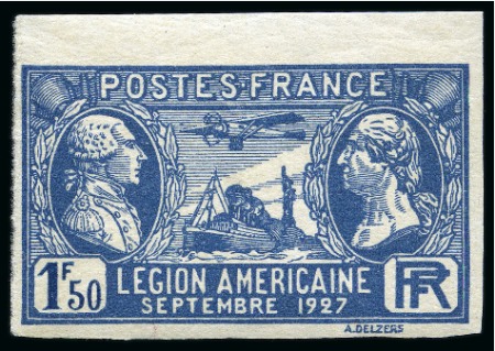 Stamp of France 1927 Légion américaine, 1F50 bleu, NON DENTELE, neuf