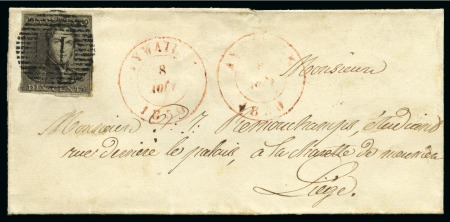 Stamp of Belgium » Belgique. 1849 Epaulettes - Émission N 1, 10 cent. brun margé  VARETE "double frappe" annulé