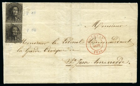Stamp of Belgium » Belgique. 1849 Epaulettes - Émission N 1, 10 cent. brun en paire verticale  margée VARIETE