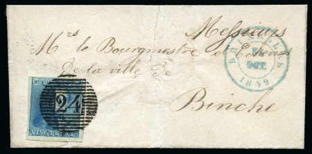 Stamp of Belgium » Belgique. 1849 Epaulettes - Émission N 2, 20 cent. bleu marges "autoroutières" annulé