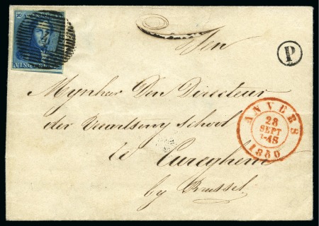 Stamp of Belgium » Belgique. 1849 Epaulettes - Émission N 2, 20 cent. bleu très  bien margé annulé P4 sur