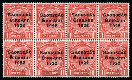 Stamp of Ireland » 1922-23 Thom Three-Line Overprints (T47-T61) 1d red, mint block of eight, top right stamp showing