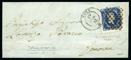 Stamp of Italian States » Sardinia 1851, 20 c. azzurro, quarto riporto, magnifico esemplare proveniente dal angolo inferiore destro di gruppo, su lettera 