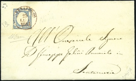 Stamp of Italian States » Naples 1861, 2 gr. azzurro chiaro, ben marginato ed usato su lettera del 25 luglio 1861 per Santamaria, annullato con bollo borbonico di Venafro in rosso 