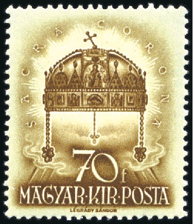 Stamp of Hungary 1938 Crown of St. Stephen 70f brown on green, mint