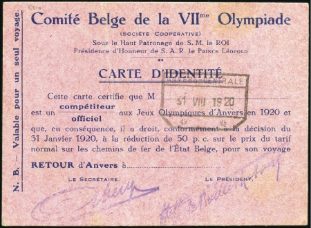 Stamp of Olympics » 1920 Antwerp Identity card by the Belgian Olympic Committee for