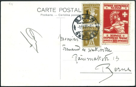 Stamp of Olympics » 1920 Antwerp Swiss Fundraising postcard with matching vignette 