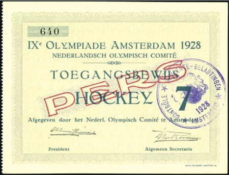 Stamp of Olympics Tickets: Press ticket for the Hockey, fine