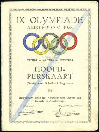 Stamp of Olympics » 1928 Amsterdam Official Press ID card, missing photo, minor soili
