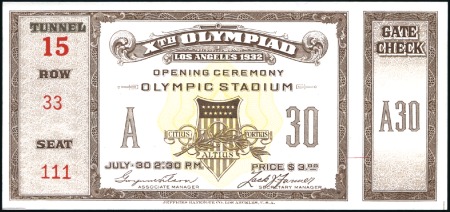 Stamp of Olympics Tickets: Opening Ceremony ticket, unused with tab,