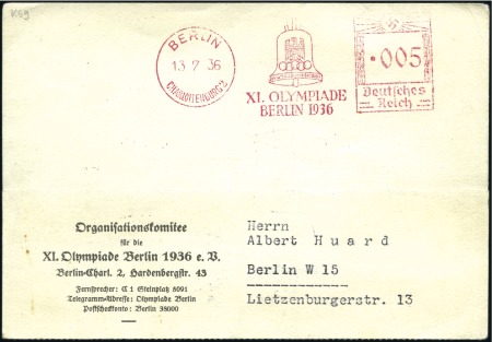 Stamp of Olympics 1936 (Jul 13) Organising Committee printed card wi