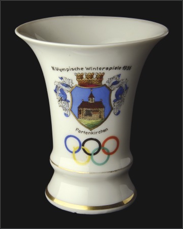Stamp of Olympics 1936 Small china gilt edged vase (100 mm high), be