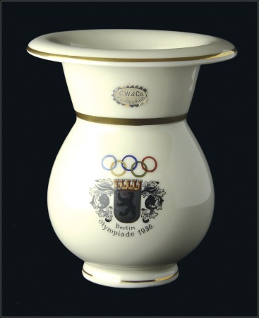 Stamp of Olympics Porcelain: 1936 Wilhelm Kunst china gilt edged vas