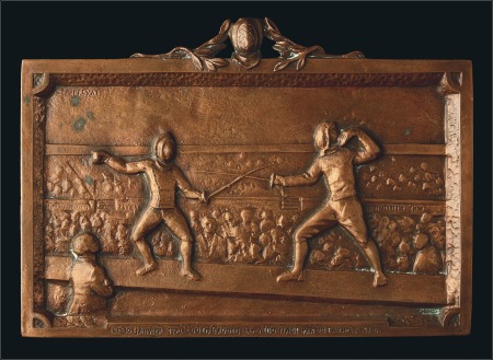Stamp of Olympics 1922 FENCING plaque by Preyat, depicting Lucien Ga