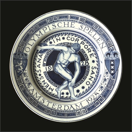 Stamp of Olympics 1928 Amsterdam ceramic plate in blue & white depic