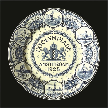 Stamp of Olympics 1928 Amsterdam ceramic plate in blue & white depic