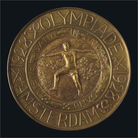 Stamp of Olympics 1928 Amsterdam embossed brass hanging plate depict
