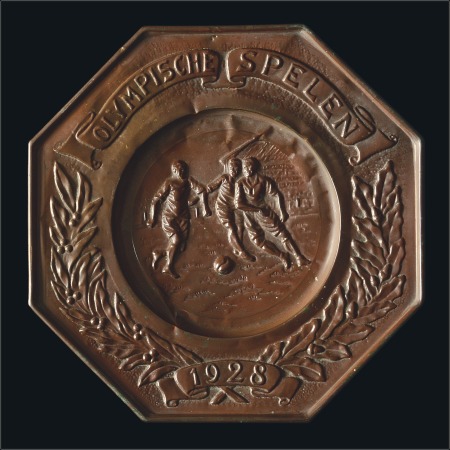 Stamp of Olympics 1928 Amsterdam embossed brass hanging plate depict