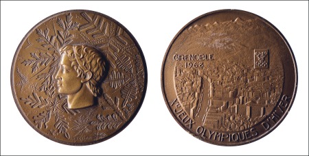 Stamp of Olympics 1968 Grenoble participation medal in original case