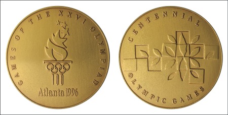 Stamp of Olympics 1996 Atlanta participation medal in original cloth