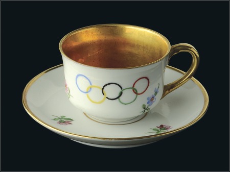 Stamp of Olympics Porcelain: 1936 Von Schierholz china gilt edged an