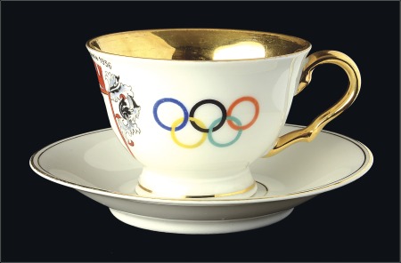 Stamp of Olympics Porcelain: 1936 China gilt edged and cup (70x50mm)