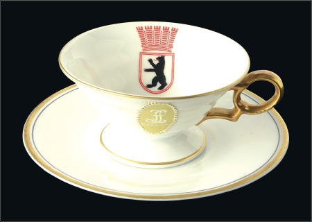 Stamp of Olympics Porcelain: 1936 Geiersthal china gilt edged and cu