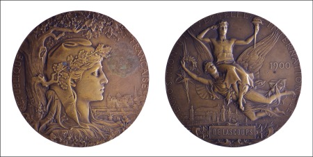 Stamp of Olympics 1900 Paris Exposition award medal by Chaplain, bro
