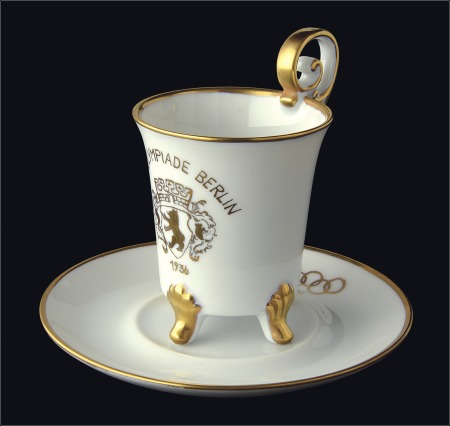 Stamp of Olympics Porcelain: 1936 Handgemalt china gilt edged and cu