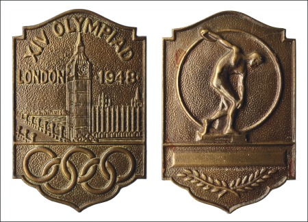 Stamp of Olympics 1948 London metal plaque showing the Houses of Par