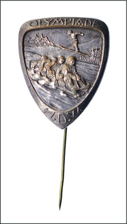Stamp of Olympics Pins: 1936 H.D.W silvered ski pin, depicting four 
