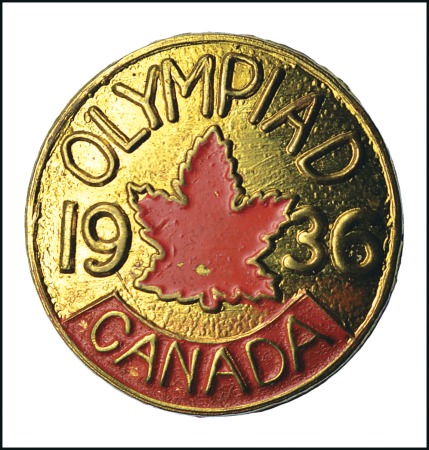 Stamp of Olympics 1936 Canada team pin, showing red maple leaf, made