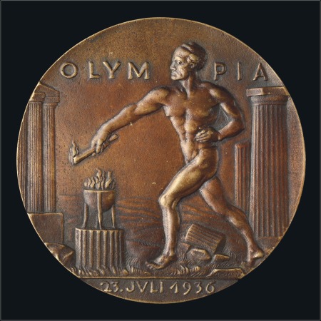 Stamp of Olympics Plaque: Large bronze circular plaque, 14cm, showin