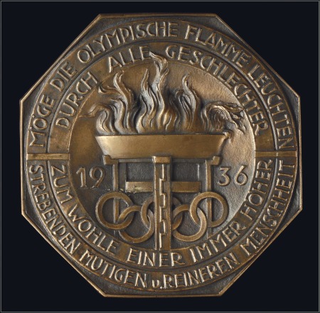 Stamp of Olympics Plaque: Large brass octagonal plaque with two scre