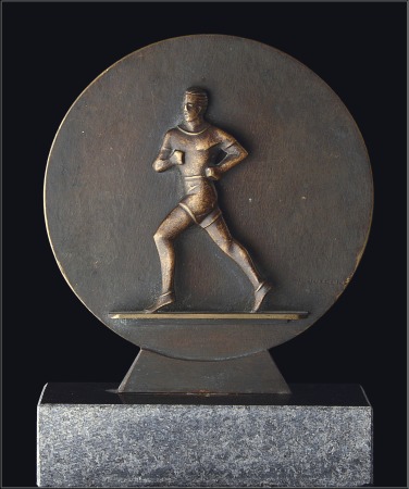 Stamp of Olympics Plaque: Small metal circular plaque, 13cm high, mo