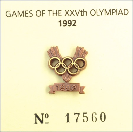 Stamp of Olympics Bronze medal winner's lapel pin, presented by IOC,