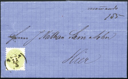 Stamp of Hungary 3kr grün und 5Kr rot auf Rückseite entwertet PEST 