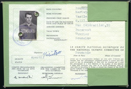 Stamp of Olympics » 1960 Rome 1960 Rome athlete's photo identity card for Romani