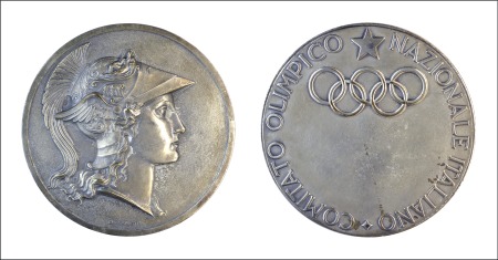 Stamp of Olympics 1950 Italian Olympic Committee medal, 99mm, silver