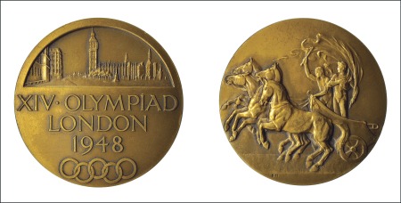 Stamp of Olympics 1948 London participation medal in bronze, 51mm, v