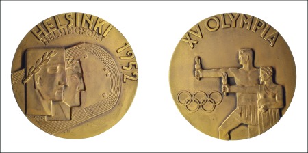 Stamp of Olympics 1952 Helsinki participation medal in bronze, 54mm,
