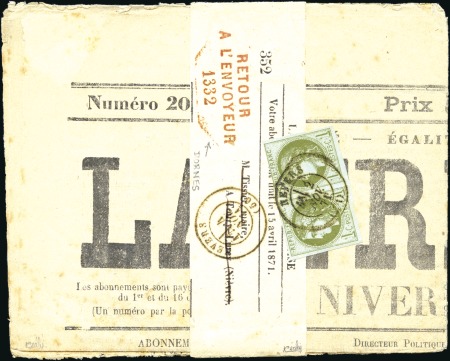 Stamp of France 1870 1c Bordeaux Report 3 en paire obl. càd Nevers