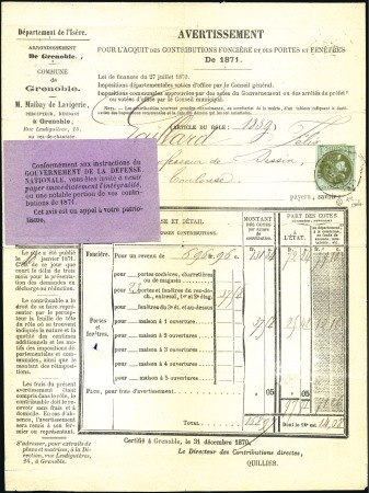 Stamp of France 1870 1c Bordeaux Report 2 obl. càd Grenoble 12.01.