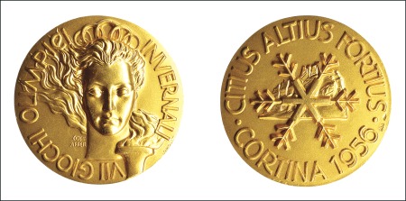 Stamp of Olympics 1956 Cortina participation medal in gilt, 45mm, by