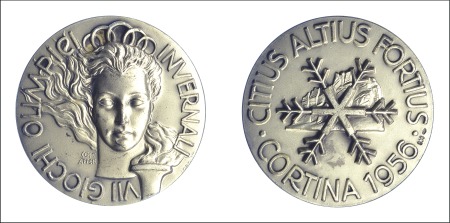 Stamp of Olympics 1956 Cortina participation medal in silver, 45mm, 