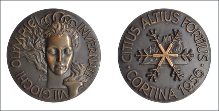 Stamp of Olympics 1956 Cortina participation medal in bronze, 45mm, 