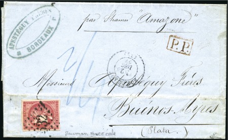 Stamp of France 1870 80c Bordeaux, rare nuance "saumon foncé" obl.